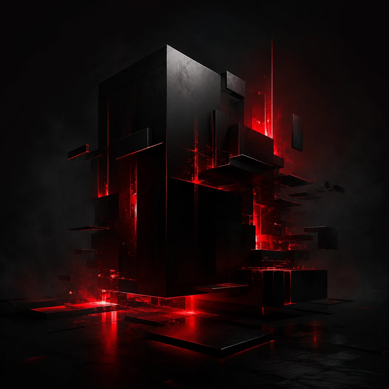 Abstract black infrastructure blocks illuminated by deep red light